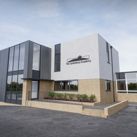CGI Render of Architectural Design for Canterbury Academy. View is angled view of front of the building.