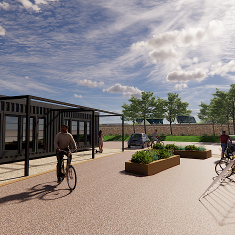 Exterior CGI Render for The Hub Cycle Cafe in Wye showing outdoor space, parking and cycle rack.