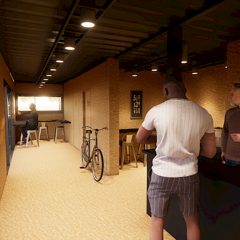 CGI Render of Internal view of The Hub Cycle Cafe showing customers and bicycles inside the building.