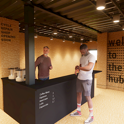 Internal CGI Render of The Hub Cycle Cafe showing customers standing at the cafe station showing the menu.