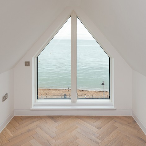 View from large seafront window of 41 Central Parade property, and featuring luxury Herringbone Flooring.