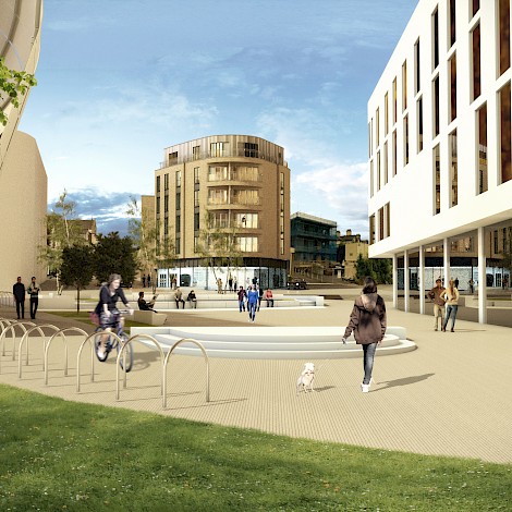 Architectural 3D render image showing Elwick Road central area with people cycling, walking and commuting through the development