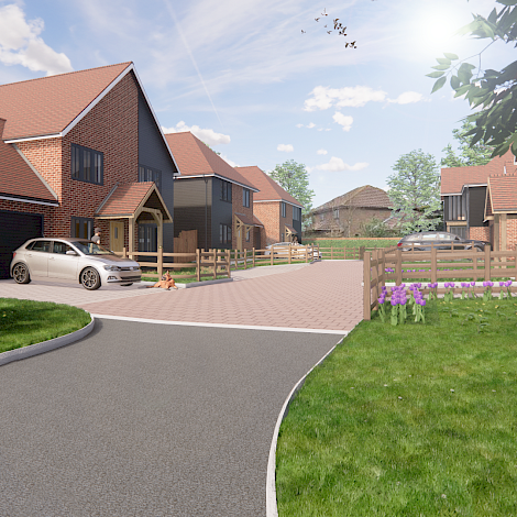 Elvington Lane 3D render of cul-de-sac with a white car and dog on the driveway
