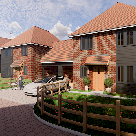 3D render showing corner perspective of Elvington Lane Development with brick fronted houses and wood fencing