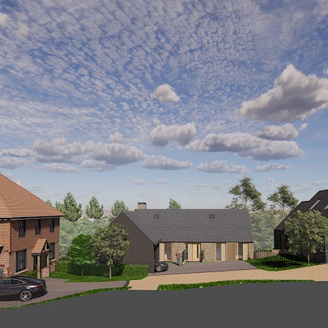 3D render image of houses with black car on driveway