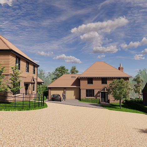3D render showing gravel cul-de-sac towards brick style houses