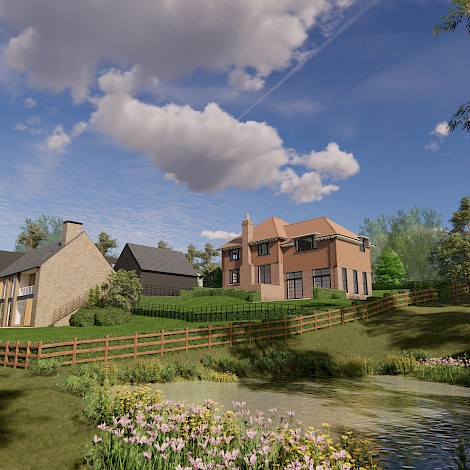3D render showing showing houses next to a flowing stream