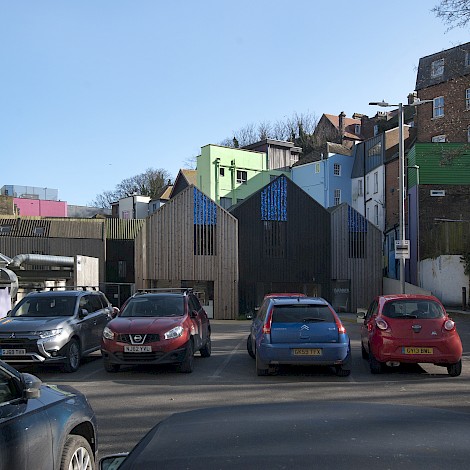 Tontine Street Development showing car park in front of the art huts