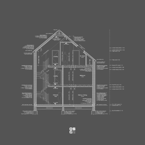 Madeira Road structural plan of a dwelling, white detail on black.